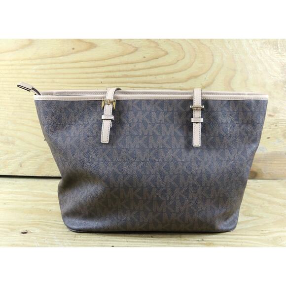 Michael Kors Bag Jet Set Signature Brown Logo Monogram Tote Shoulder Large - Picture 2 of 12